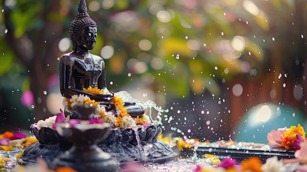 Sprinkle water onto buddha with water with flowers thai traditional perfume and Jasmine garland to worship during the Thai Songkran festival