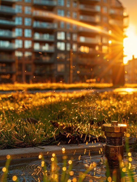 Photo sprinkler head with lowrise apartment building at golden hour