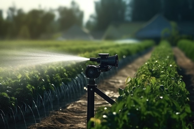 Photo a sprinkler is spraying water on a field of crops this image can be used to depict agricultural irrigation or the importance of water in farming