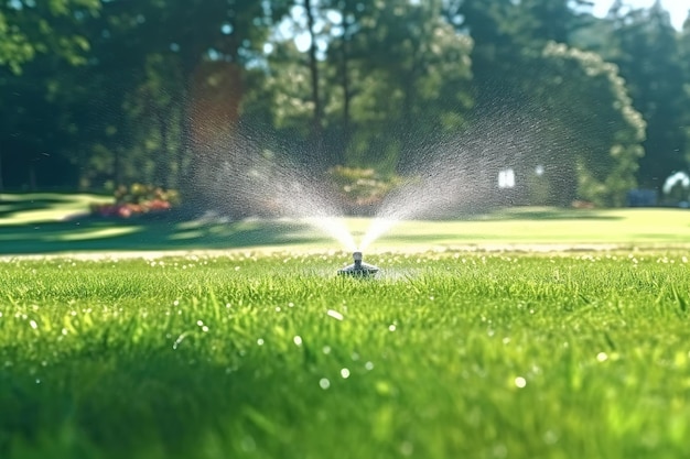 A sprinkler is spraying water on a lawn