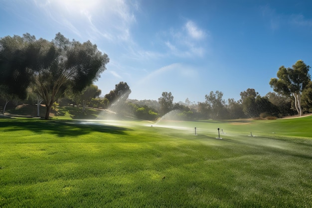 Sprinkler misting over lush green lawn with view of blue sky