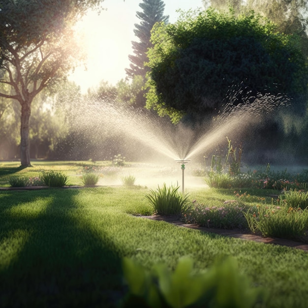 Sprinkler in Park Spraying Water on Lush Green Grass Illustration AI Generative