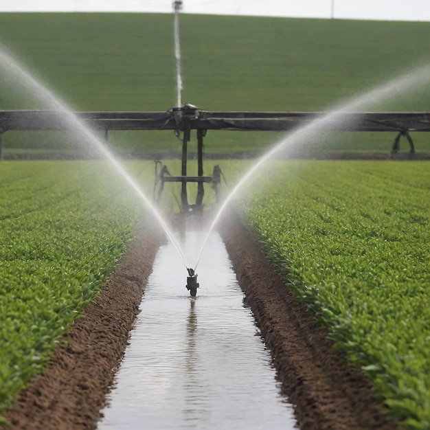 Photo sprinkler spraying water in a field with a sprinkler spraying water