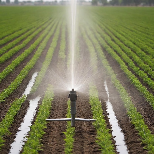 Photo sprinkler spraying water in a field with a sprinkler spraying water