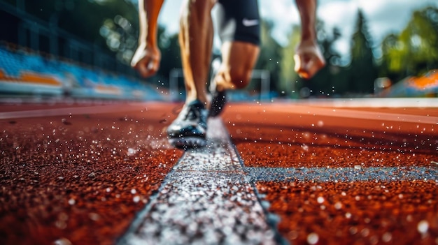 Sprinter at the starting blocks at a track and field event Tension and focus right before the start