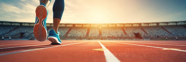 Sprinter waiting for start of race on running tracks at outdoor stadium Sport and fitness runner man athlete on blue run track with running shoes Banner panorama