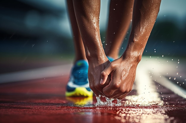 Sprinter waiting for start of race on running tracks at outdoor stadium Sport and fitness runner man athlete on blue run track with running shoes