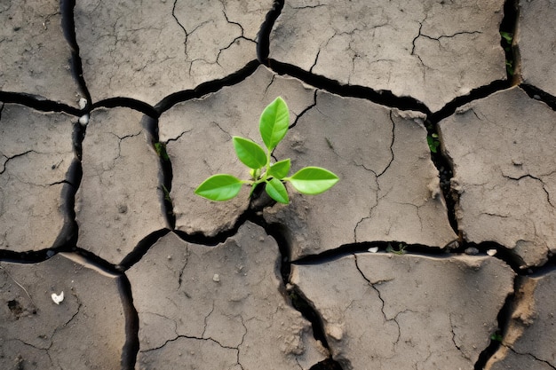 Sprout green plant growing on dry cracked soil. Concept of drought, climate change and global warming. Nature background texture.