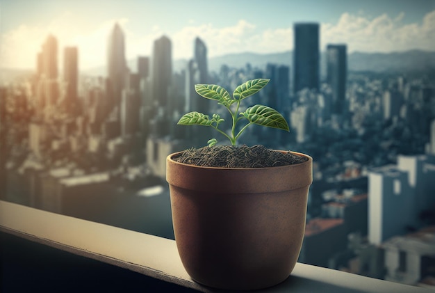 A sprouting seedling in clay pot growing on a windowsill with a