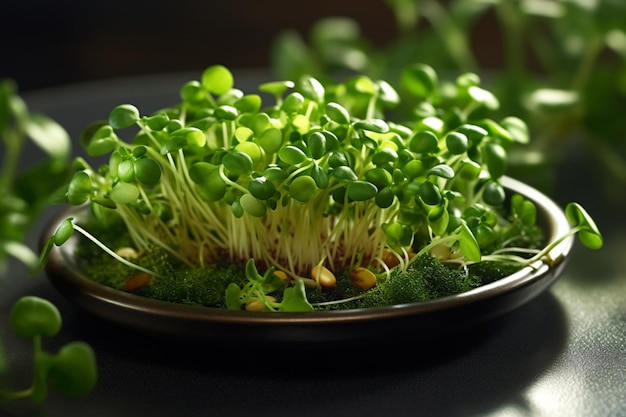 sprouts of microgreens growing in ceramic plate on dark background healthy plant bazed vegan diet