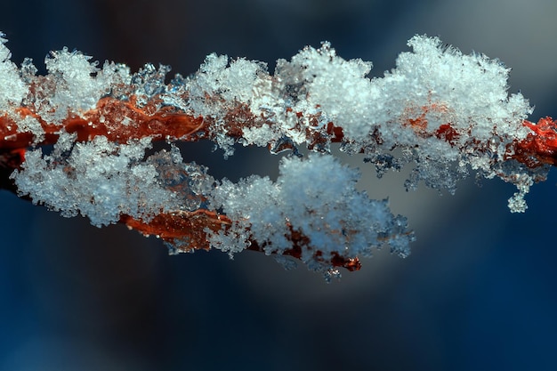 Spruce branch covered with snow on blue background macro shot snowflakes shine and sparkle stuck to