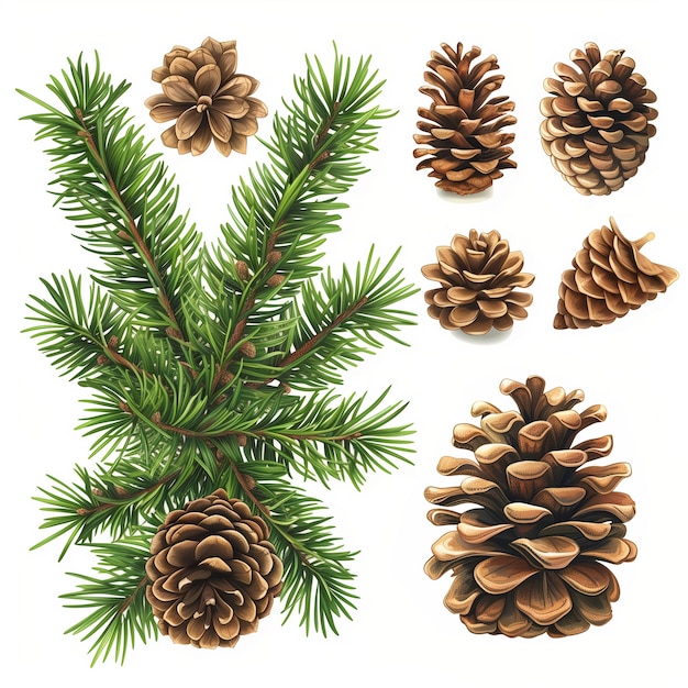 Photo spruce branch with cones christmas tree branch and pine cones spruce twig isolated set on white background xmas fir tree branch