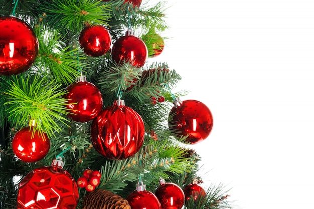 Spruce branches with red baubles against white background