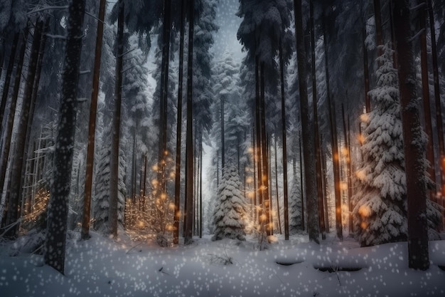 Spruce forest during magical winter wonderland with snow and holiday lights