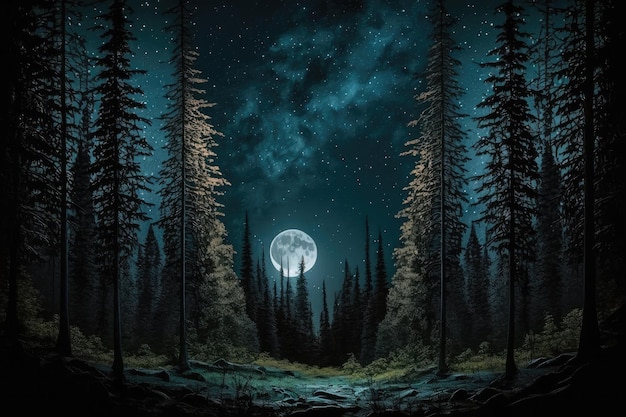 Spruce forest at night with stars and moon shining above