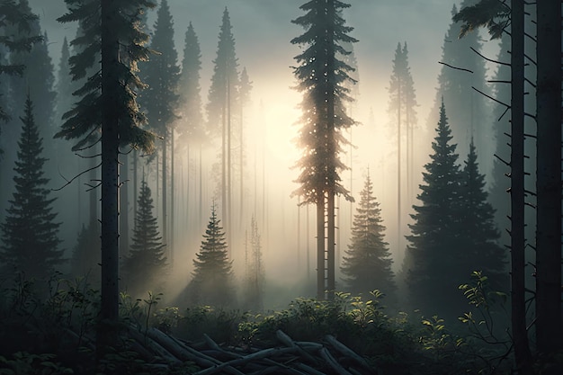 Spruce forest with misty morning air the sun rising above the trees created with generative ai