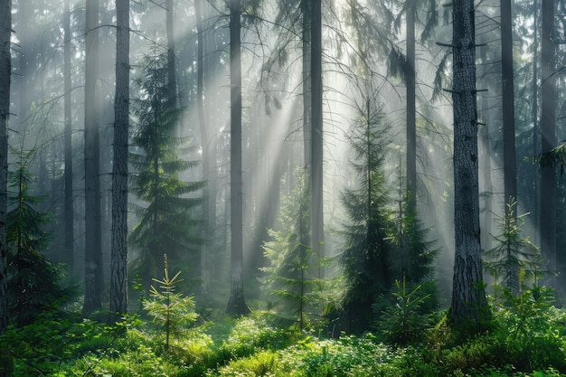 Spruce forest with sunbeams in fog creates mystical ambiance