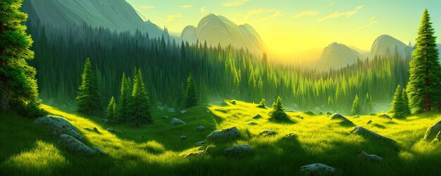 Spruce trees forest summer background against the backdrop of a mountain range in the morning golden hour with sun