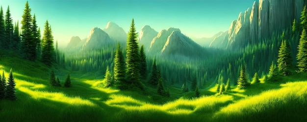 Spruce trees forest summer background against the backdrop of a mountain range in the morning golden hour with sun