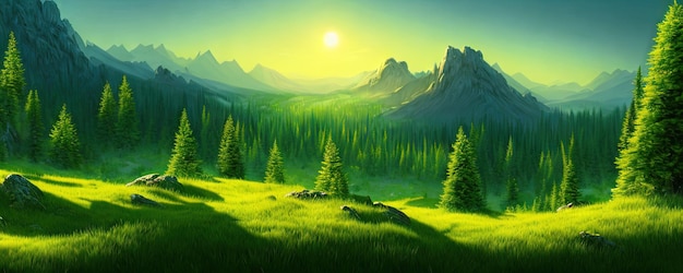 Spruce trees forest summer background against the backdrop of a mountain range in the morning golden hour with sun