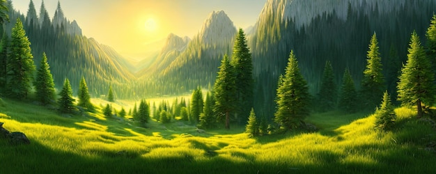 Spruce trees forest summer background against the backdrop of a mountain range in the morning golden hour with sun