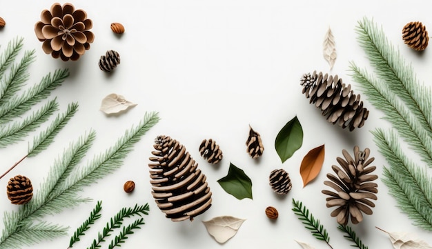 Spruce twigs and cones on white wooden background christmas flat lay copy space Generate Ai