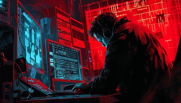 Spy infiltrating government server stealing data planting trojan virus creating computer malware