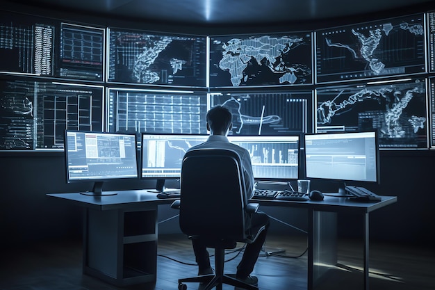 A spy studying graphs on multiple monitors