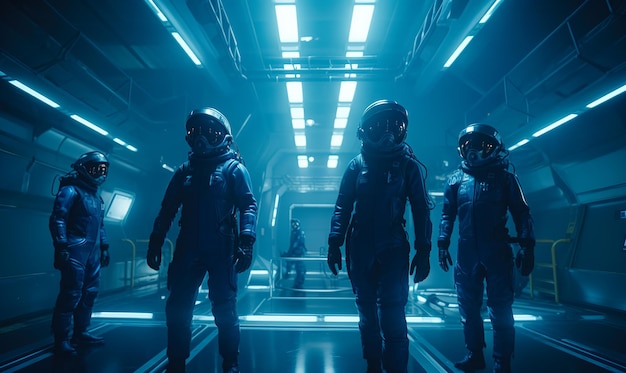 Squad in full pressure suits ready for the mission start Futuristic team in the spaceship lit with neon light Generative AI