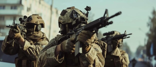 Squad of soldiers in tactical gear advancing carefully in an urban environment