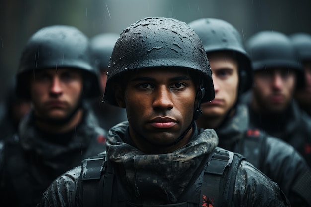 A squad of soldiers walks in the rain wearing helmets