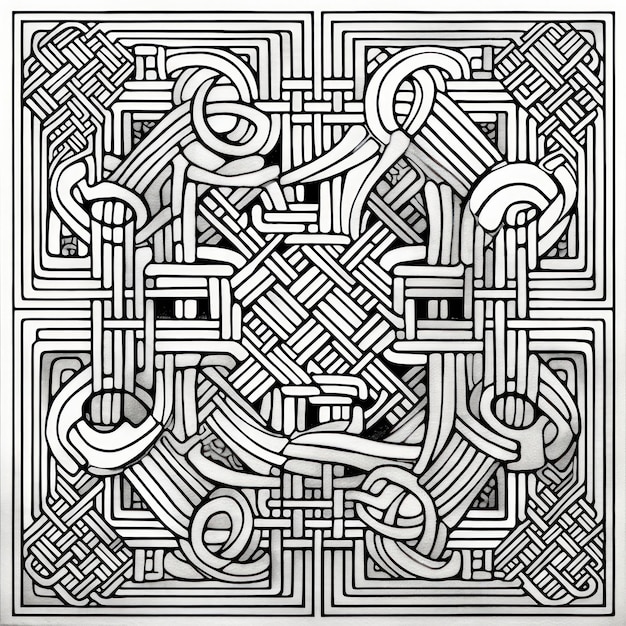 Square art zentangle with interwoven shapes inspired by Viking art and celtic knots