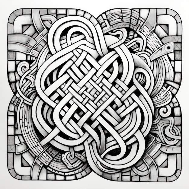 Square art zentangle with interwoven shapes inspired by Viking art and celtic knots