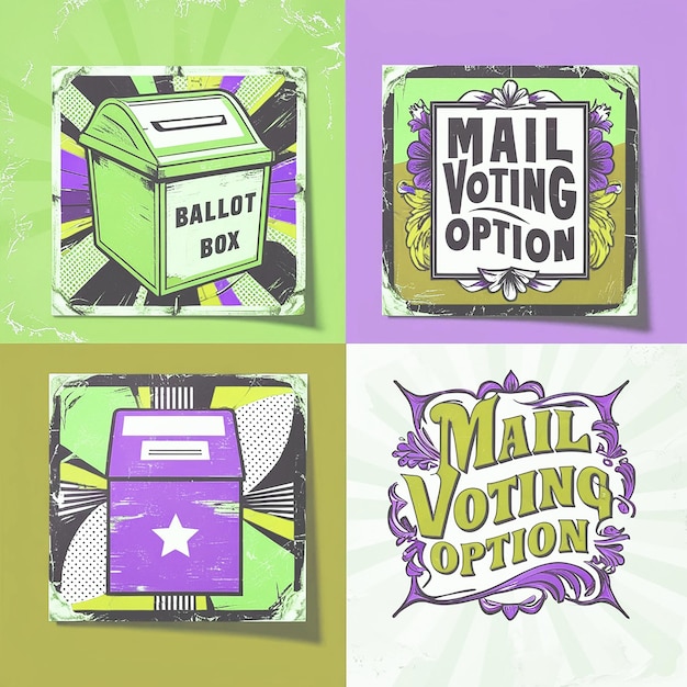 Photo square banners set with ballot box and mail voting option halftone collage banners collection