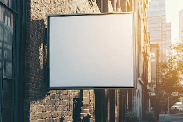 Photo square billboard hanging on sunlit wall mockup