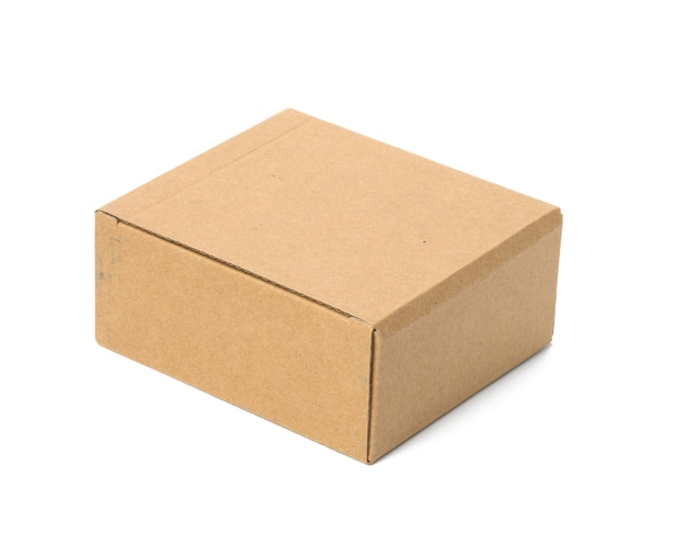 Square box made of brown corrugated cardboard isolated on white background. Eco-friendly packaging of goods