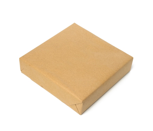 Square box wrapped in brown kraft paper, packaging isolated on white background