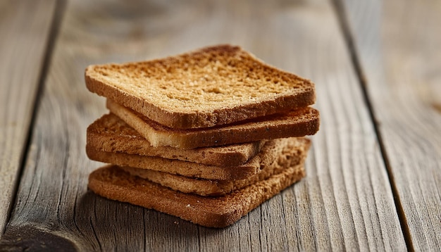 Square bread rusks pile whole wheat toast slices on wooden table Tasty food