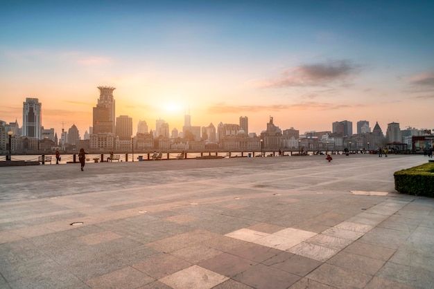 Square brick floor and Shanghai cityscape