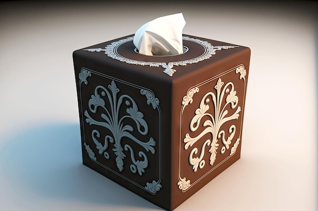 Square brown tissue box with white lucky ornament on white background