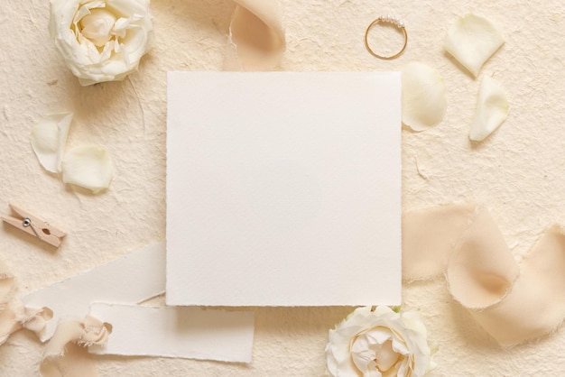 Square card near cream roses and petals ring and silk ribbons top view wedding mockup