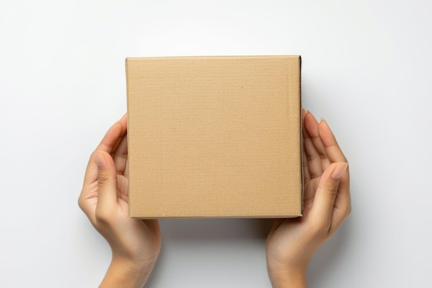 Square cardboard box in female hands Top view white background