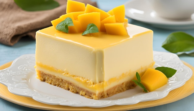 a square cheese cake with pineapple and pineapple on a plate