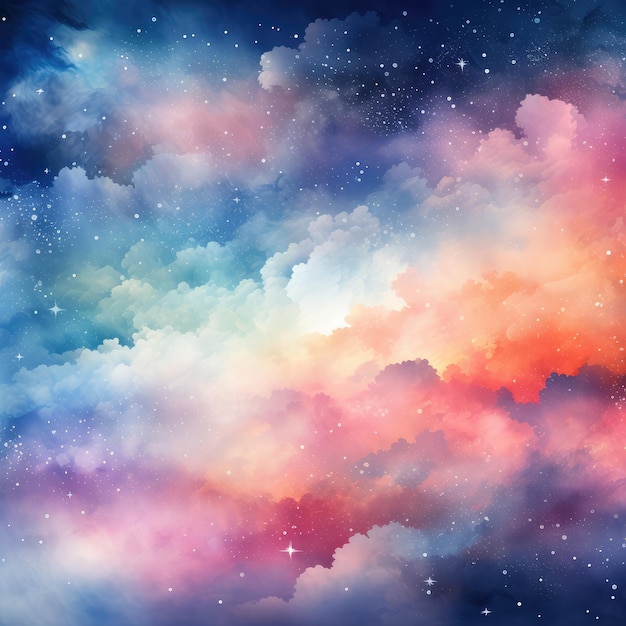 Square Colorful sky background with clouds and stars Watercolor illustration