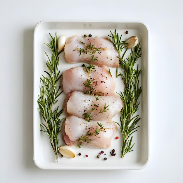 a square dish of fish with herbs and herbs on it