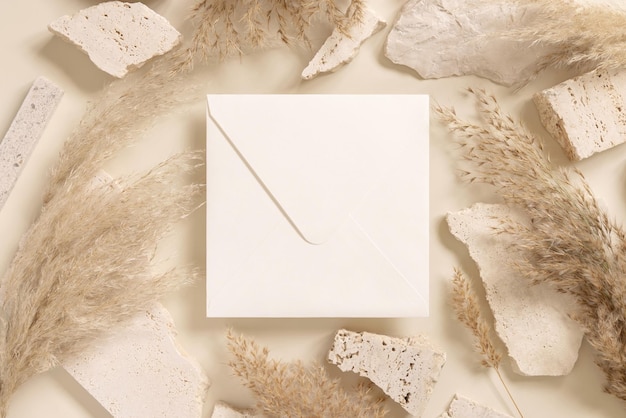 Square envelope near beige travertine stones and dried pampas grass top view greeting mockup