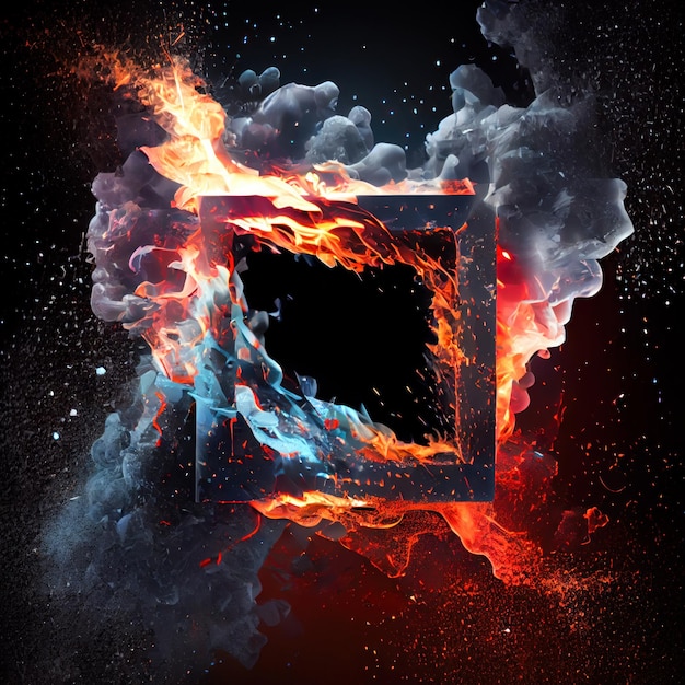 A square frame in the clash of ice and fire on black background