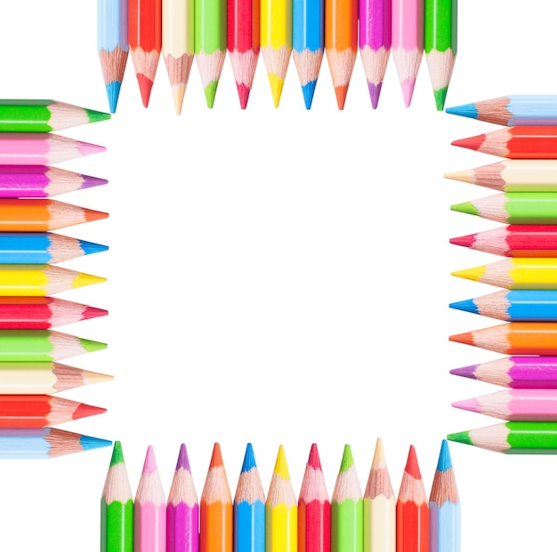 Square frame of color pencils isolated on a white background