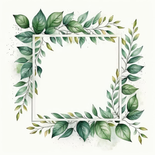 Square frame of green leaves with watercolor painting