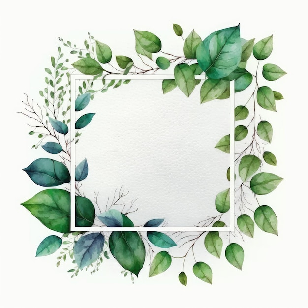 Square frame of green leaves with watercolor painting